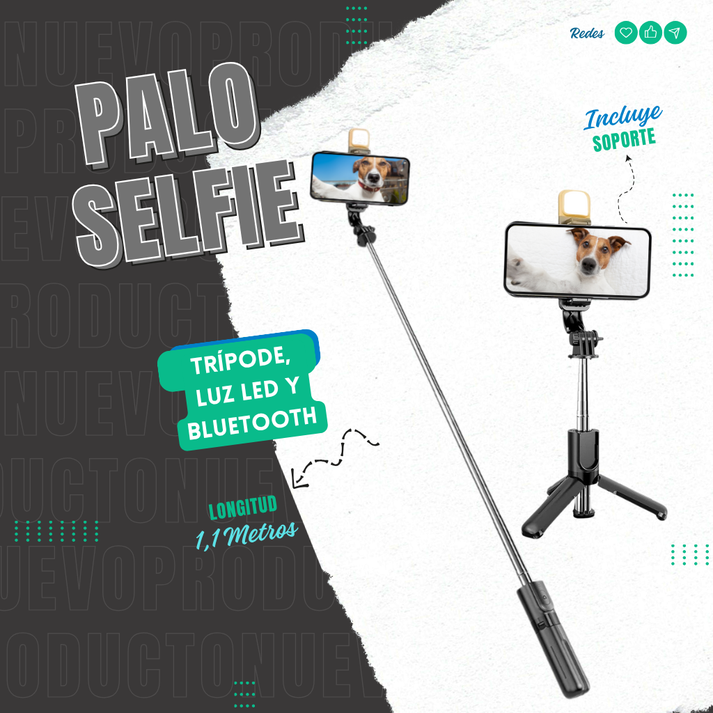 Palo Selfie 3 en 1 con Trípode, Luz LED y Bluetooth | Compacto y Extensible (1,1 m)