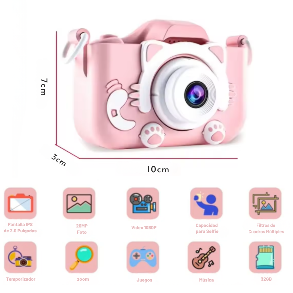 Cámara para Niños 20MP HD 2.0” + Tarjeta 32GB – Azul y Rosa, Compacta y Divertida