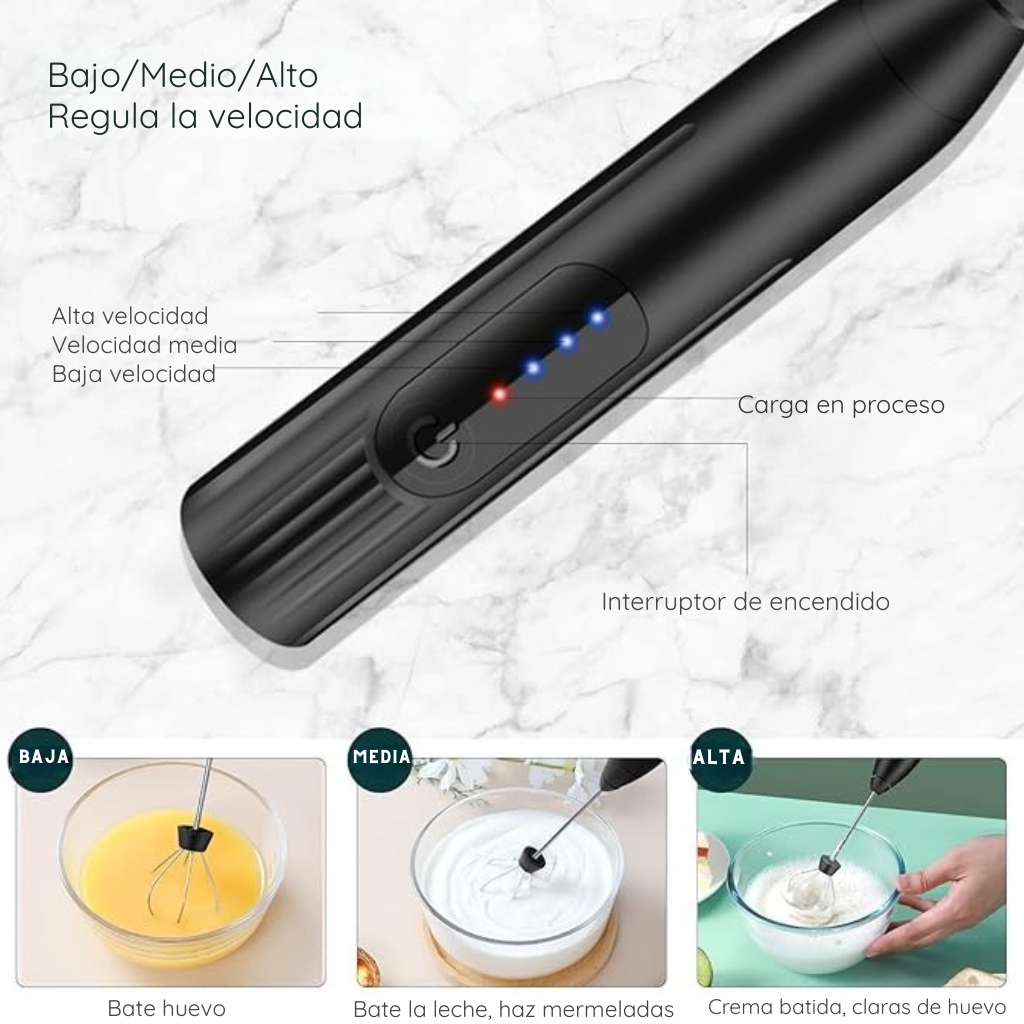 Espumador de Leche Recargable USB - Mezclador de Bebidas con 3 Velocidades + Incluye Ebook Guía Barista☕