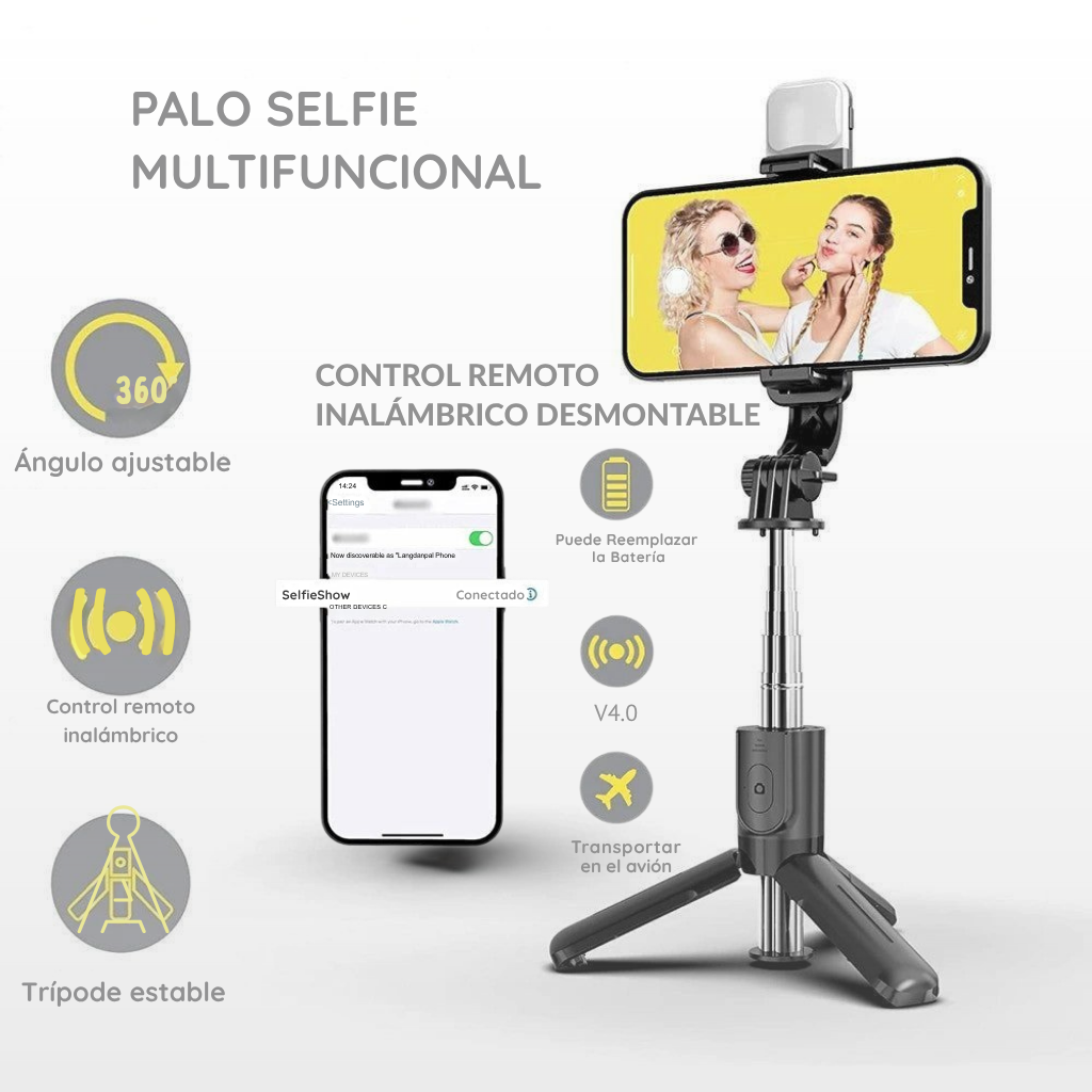 Palo Selfie 3 en 1 con Trípode, Luz LED y Bluetooth | Compacto y Extensible (1,1 m)