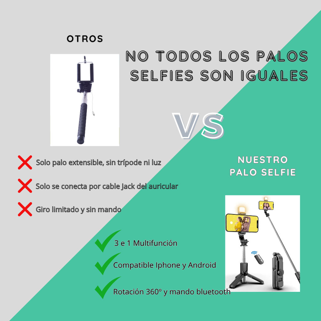 Palo Selfie 3 en 1 con Trípode, Luz LED y Bluetooth | Compacto y Extensible (1,1 m)